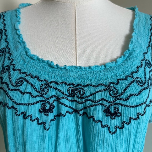 Aqua Peasant Style Short Sleeve Top- Large - Picture 2 of 6